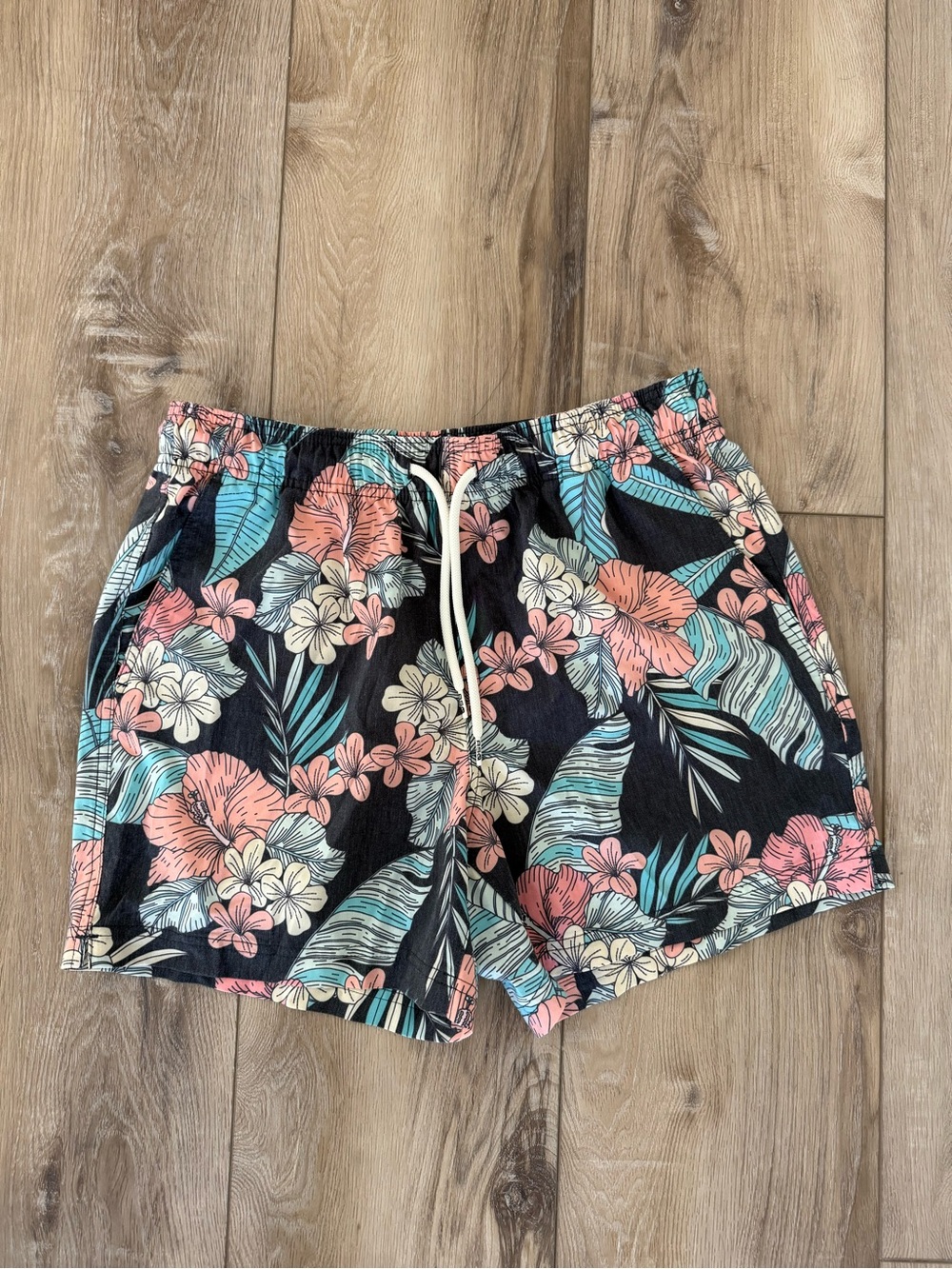 RSQ Men’s Swim Trunks - Black with Coral & Teal Floral